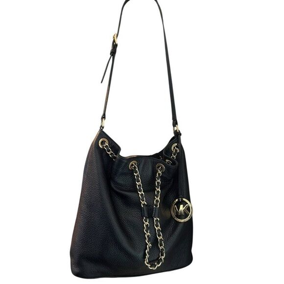 Michael Kors Black Pebbled Leather Gold Chain Link MK Bucket Shoulder Bag Purse - Picture 1 of 9